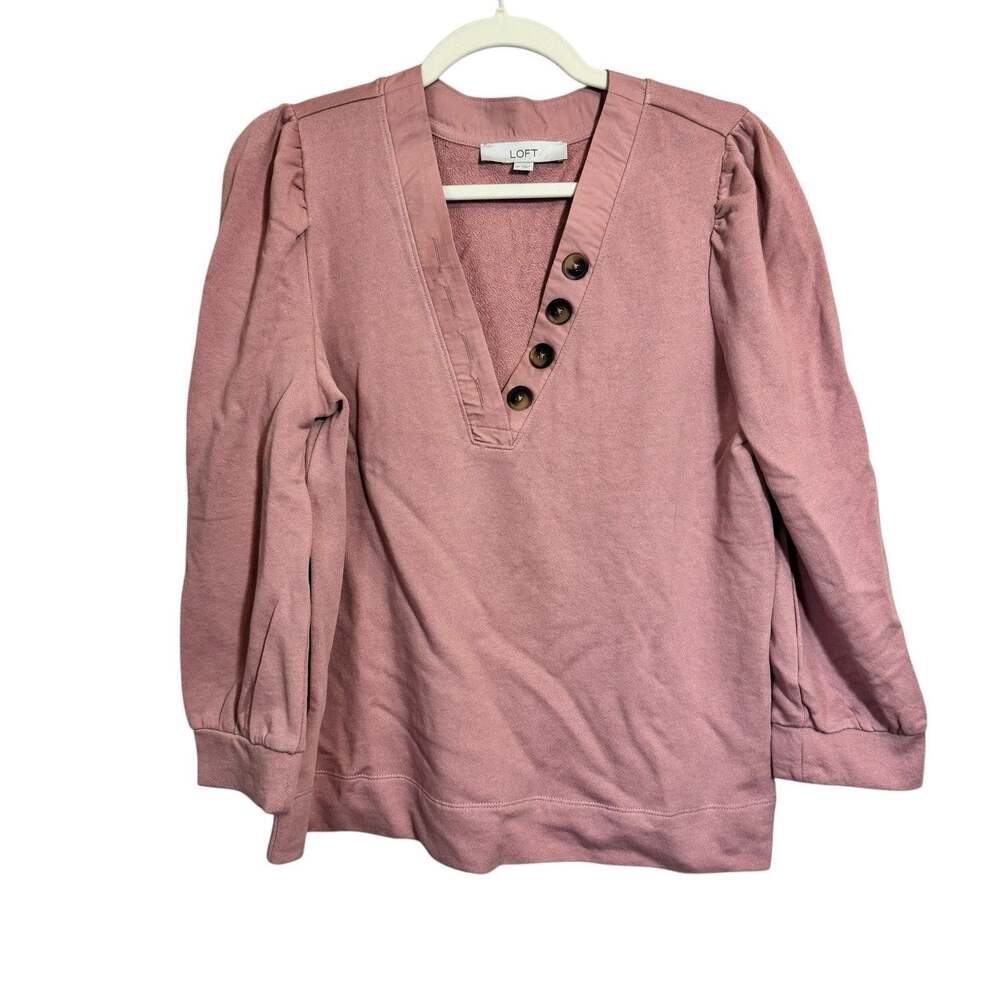 Loft Puff Sleeve Henley Mixed Media Sweatshirt Medium Pink V Neck Cotton Button